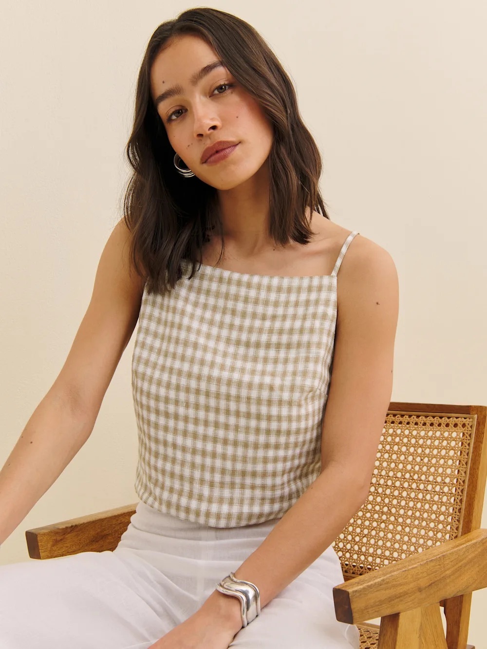 Reformation Kerri Linen Top in Dunes Check - Size M